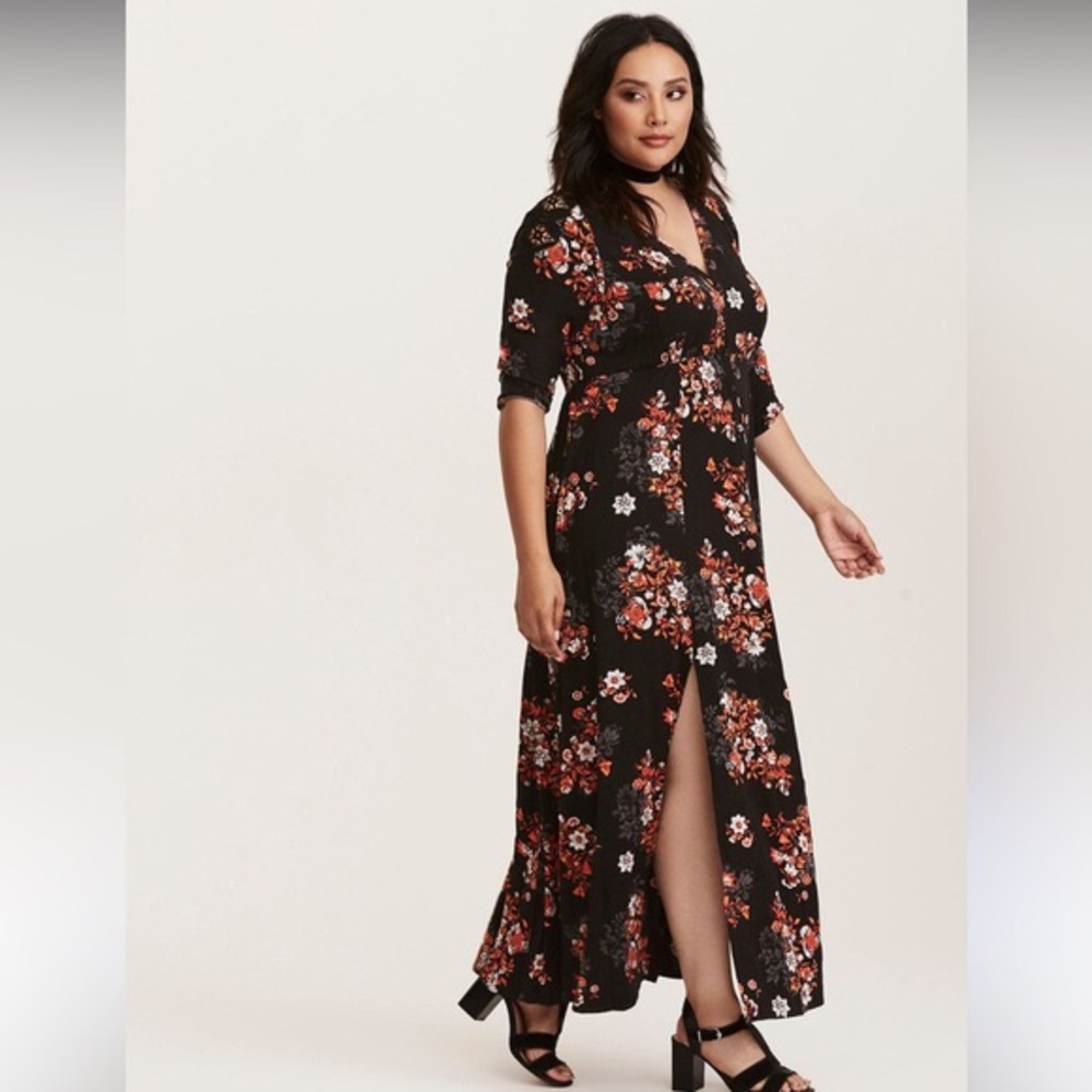 Torrid Black Floral Crochet Inset Challis Maxi Shirt Dress